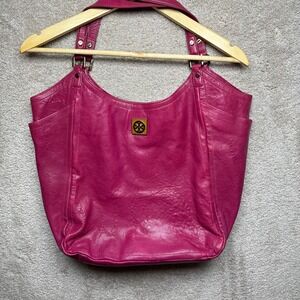 Tory Burch Magenta Leather Tote Shoulder‎ Bag Gold Logo Accent Chic